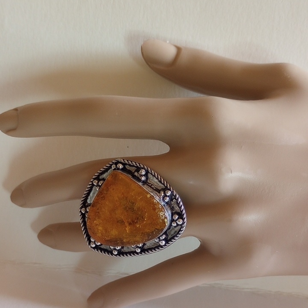 Sterling Silver Amber Huge Ring Size 7 925 Weight 14 Gr - Picture 3 of 8